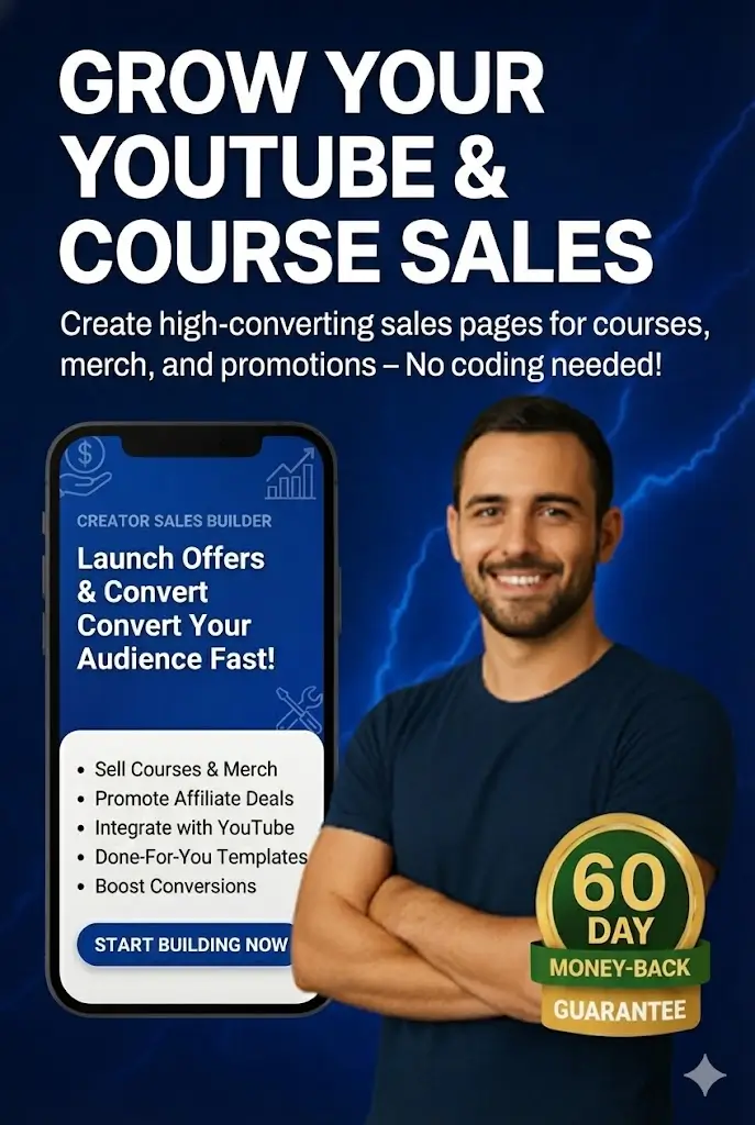 A confident man with glasses smiling while looking at a smartphone displaying the Instant Sales Page Generator interface.